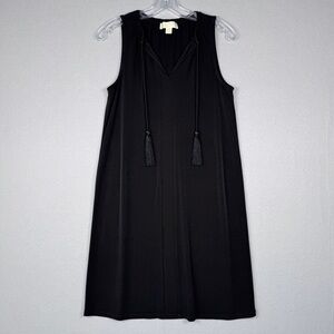 MICHAEL KORS Mini Shift Dress XS Black Tassel Tie Neck Sleeveless Stretch